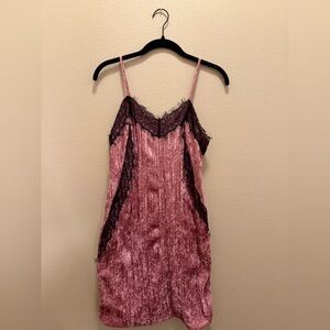 pink velvet and black lace slip dress